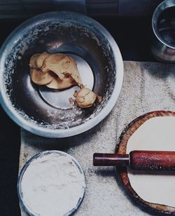 High angle view of meat in container on table