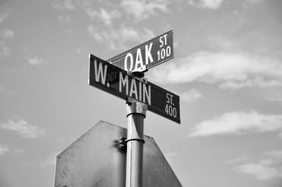 Low angle view of road sign against sky