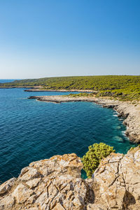 Scenic view of sea against clear blue sky