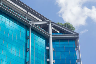 Low angle view of modern building against blue sky