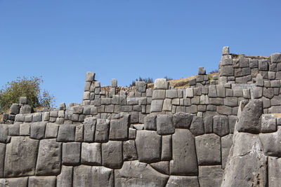 Low angle view of stone wall against clear blue sky