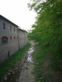 Footpath amidst buildings against clear sky