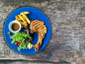 High angle view of food in plate on table