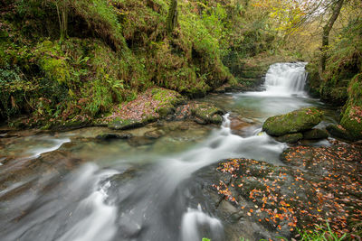 Long exposure of a waterfall on the hoar oak water river at watersmmet in exmoor national park 