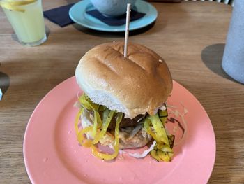 High angle view of burger in plate on table