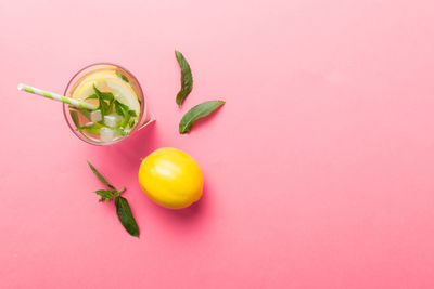 Directly above shot of fruits on pink background