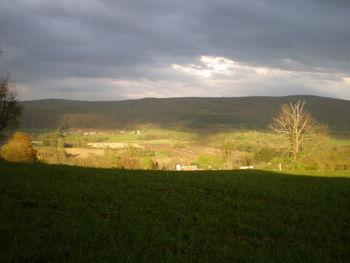 Scenic view of grassy field against cloudy sky