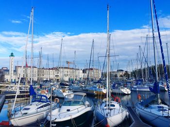 Sailboats moored at harbor