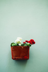 Close-up of red rose on table against wall