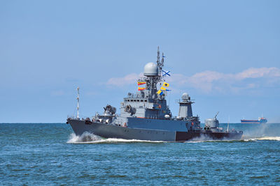 Large missile boat during naval exercises and parade, guided missile destroyer by russian navy