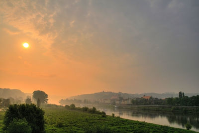 Scenic view of river against sky during sunset