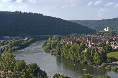 Scenic view of river by buildings against sky