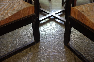 High angle view of cross on table in building