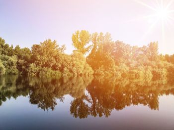 Reflection of trees in lake against sky