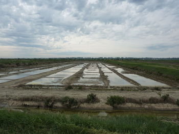 Scenic view of field against cloudy sky