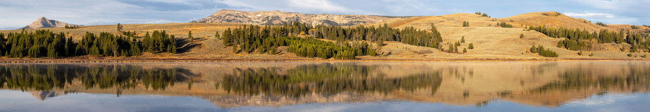 Panorama of a mountain reflecting in a lake in yellowstone national park