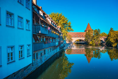 Reflection of buildings and trees in lake against blue sky