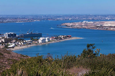 High angle view of sea and cityscape against sky