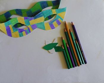 High angle view of colored pencils on table