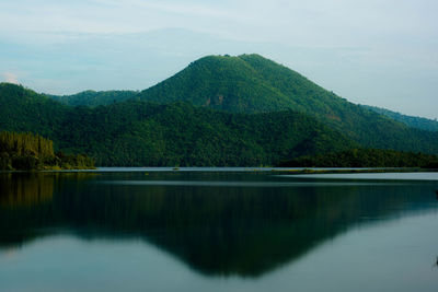 Scenic view of lake and mountains against sky