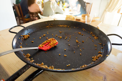 High angle view of food in plate on table