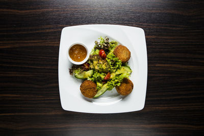 High angle view of food in plate on table