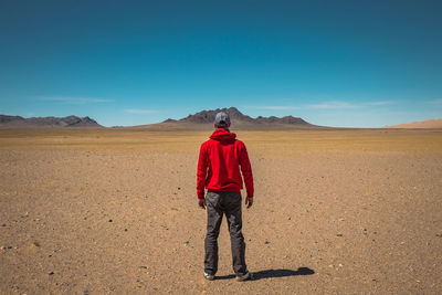Rear view of man standing on desert