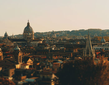 High angle view of city at sunset