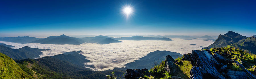 Panoramic view of snowcapped mountains against clear blue sky