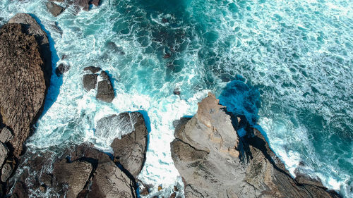 High angle view of rocks on beach