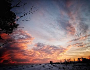 Silhouette tree against dramatic sky during sunset