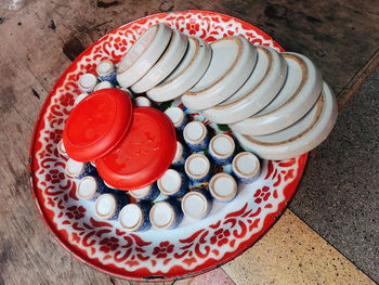 High angle view of ice cream in plate on table