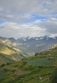 Morning view of glacier mountains from beautiful village in lahaul and spiti, himachal pradesh