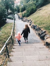 Rear view of mother and daughter holding hands while walking on steps
