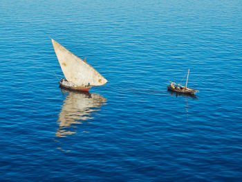 High angle view of sailboat in sea