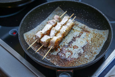 High angle view of meat in container