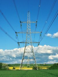 Low angle view of electricity pylons on countryside landscape