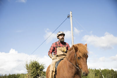 Low angle view of horse standing against sky