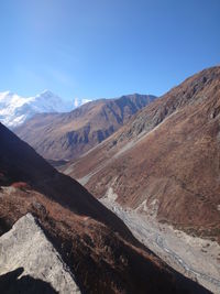 Scenic view of mountains against clear blue sky