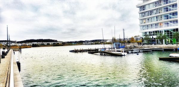 Sailboats moored at harbor in city against sky