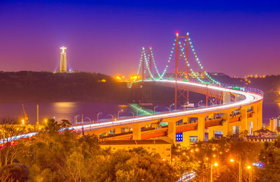 Illuminated bridge over river at night