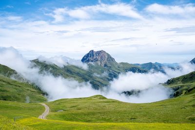 Scenic view of waterfall against sky