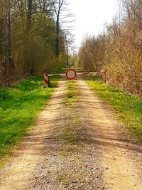 Bicycle on footpath by road against sky