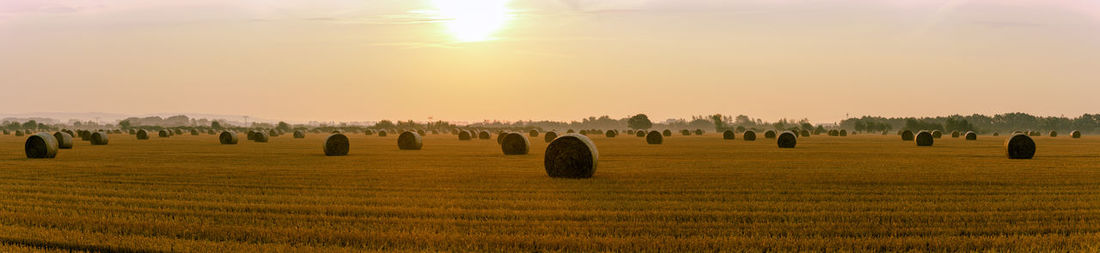 Hay bales on field against sky during sunset