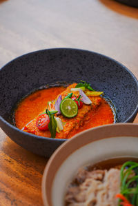 High angle view of food in bowl on table