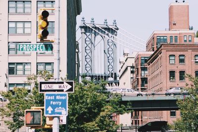 Road sign against buildings in city