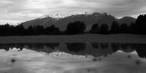 Scenic view of lake against cloudy sky