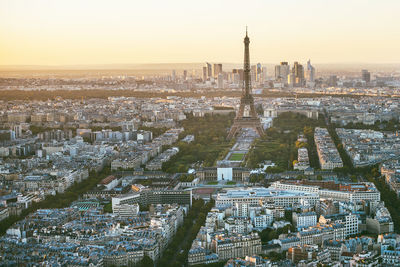 High angle view of city buildings against sky