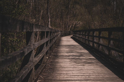 Wooden footbridge along trees in forest