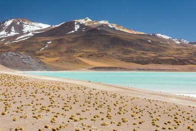 Scenic view of sea and mountains against blue sky